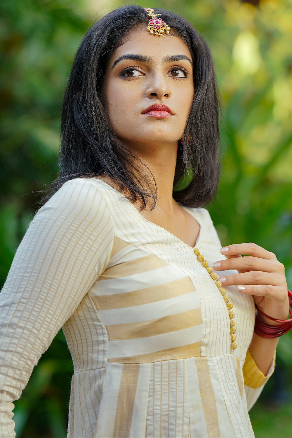 Off White Kasavu Golden Stripe Lurex Anarkali