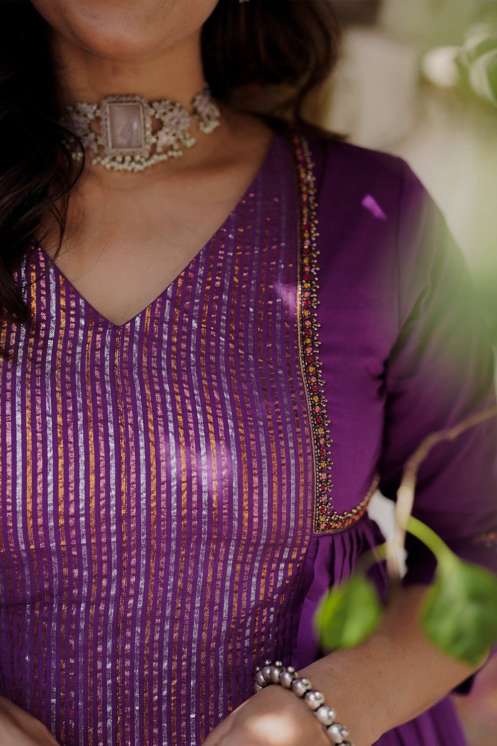Purple Co-ord Set with Side Slit pleates & Embroidery