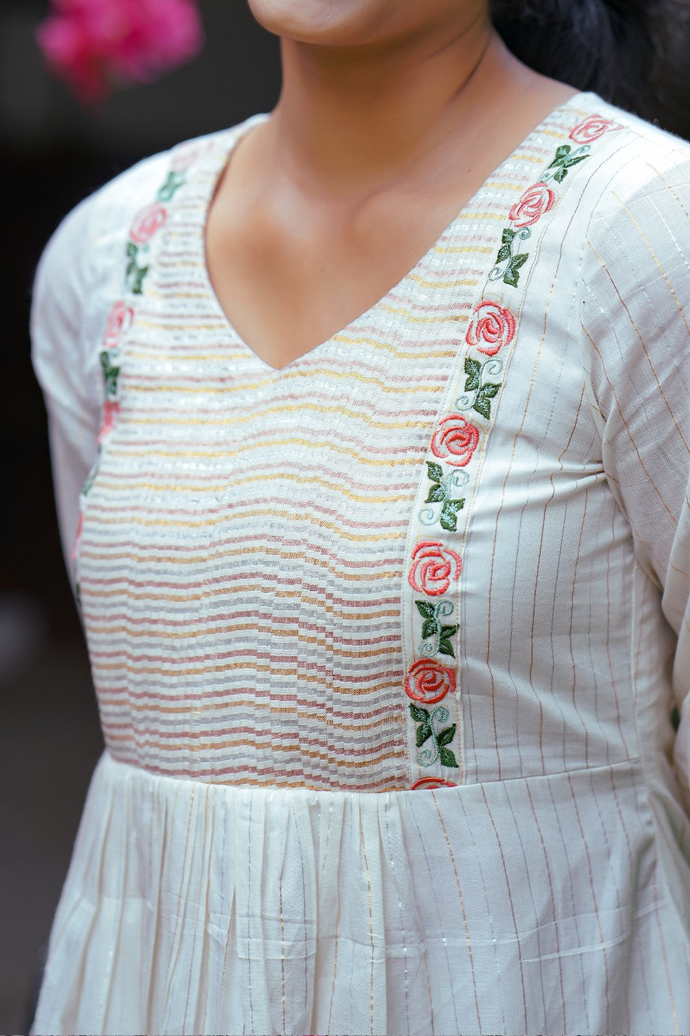 Off white A line Pleated Kurthi with Rose Embroidery Yoke