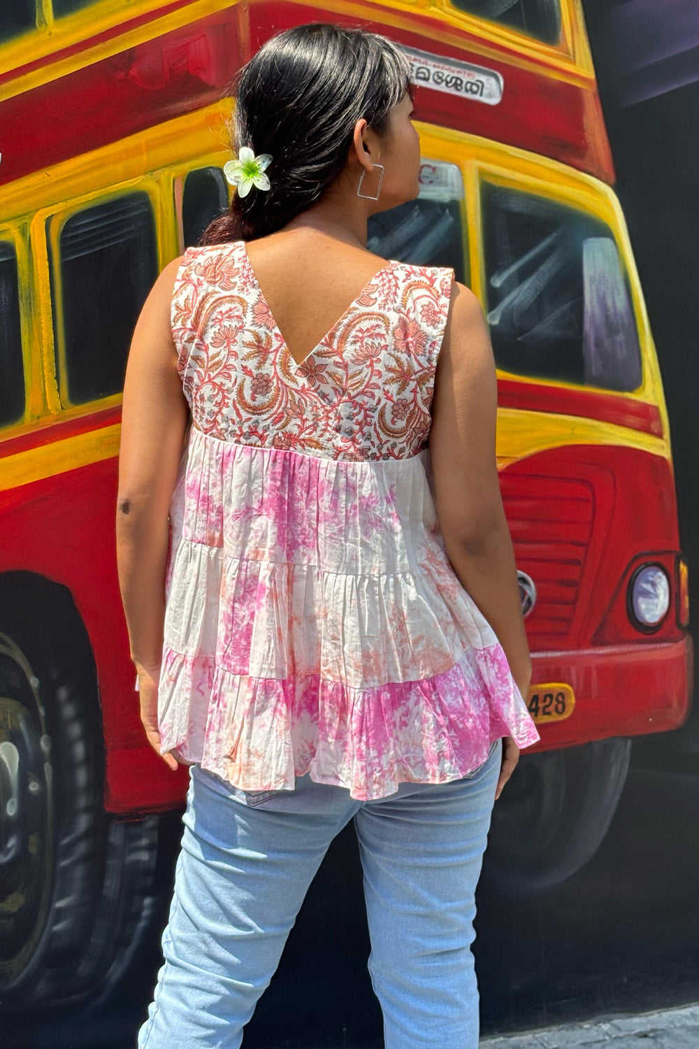 Sanganeri Shibori Peach & White Tired Sleeveless Top