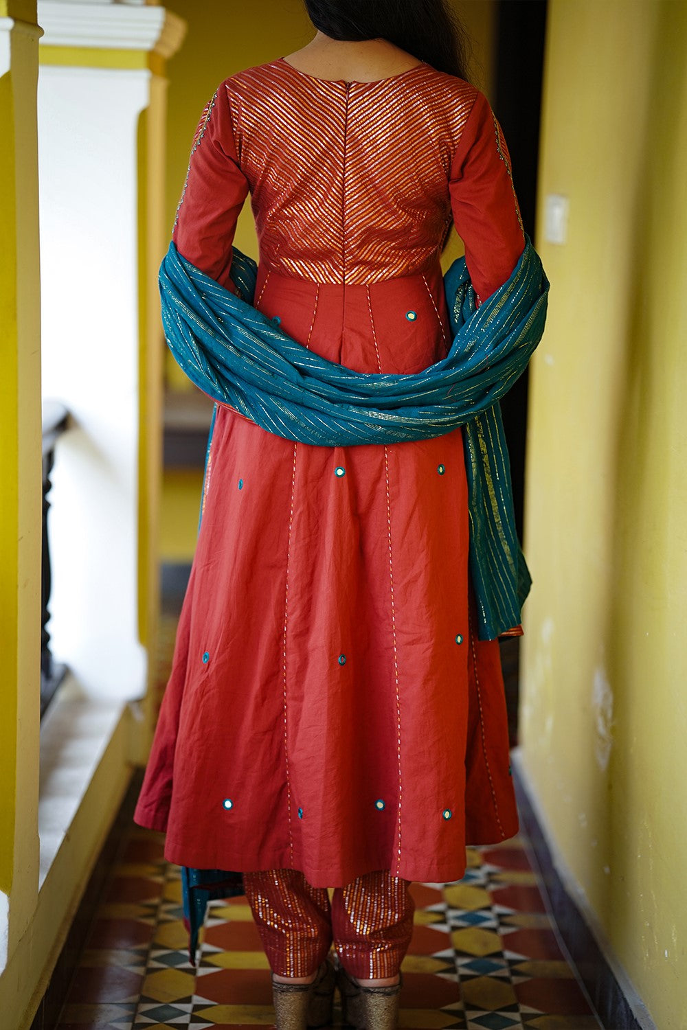 Burnt Orange Anarkali Set with Embroidery Sleeves