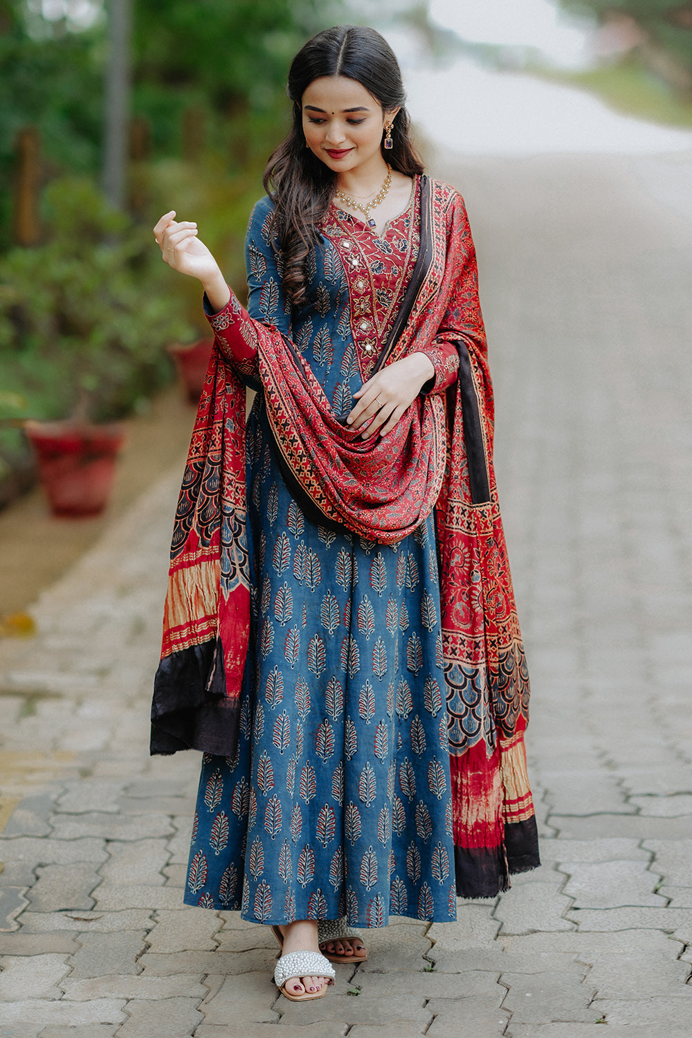 Red Base Blue & Black Floral Ajrakh Modal Dupatta