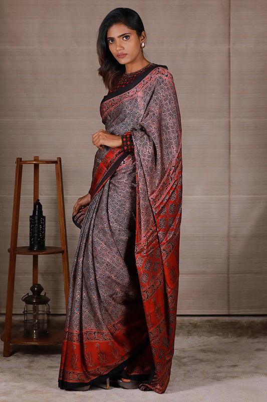 Black Base Ajrakh Modal Silk Saree