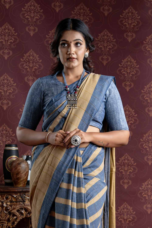 Handloom Saree With Ochre Yellow And Light Navy Blue Stripes