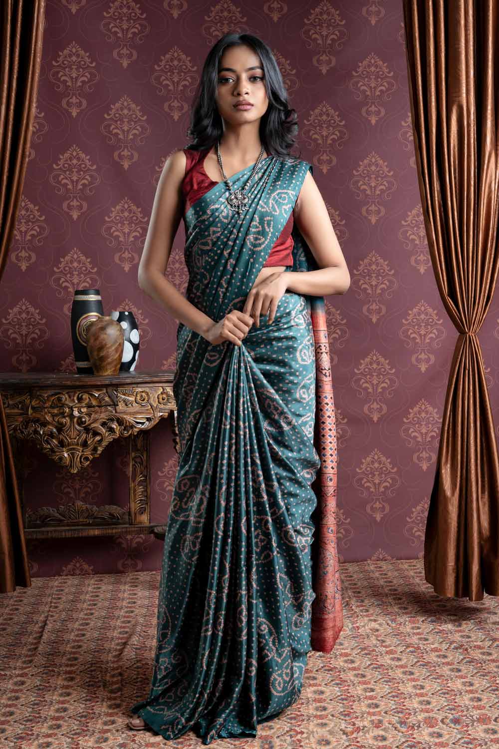 Bandhani Dark Green Gaji Silk Saree with Ajrakh Border