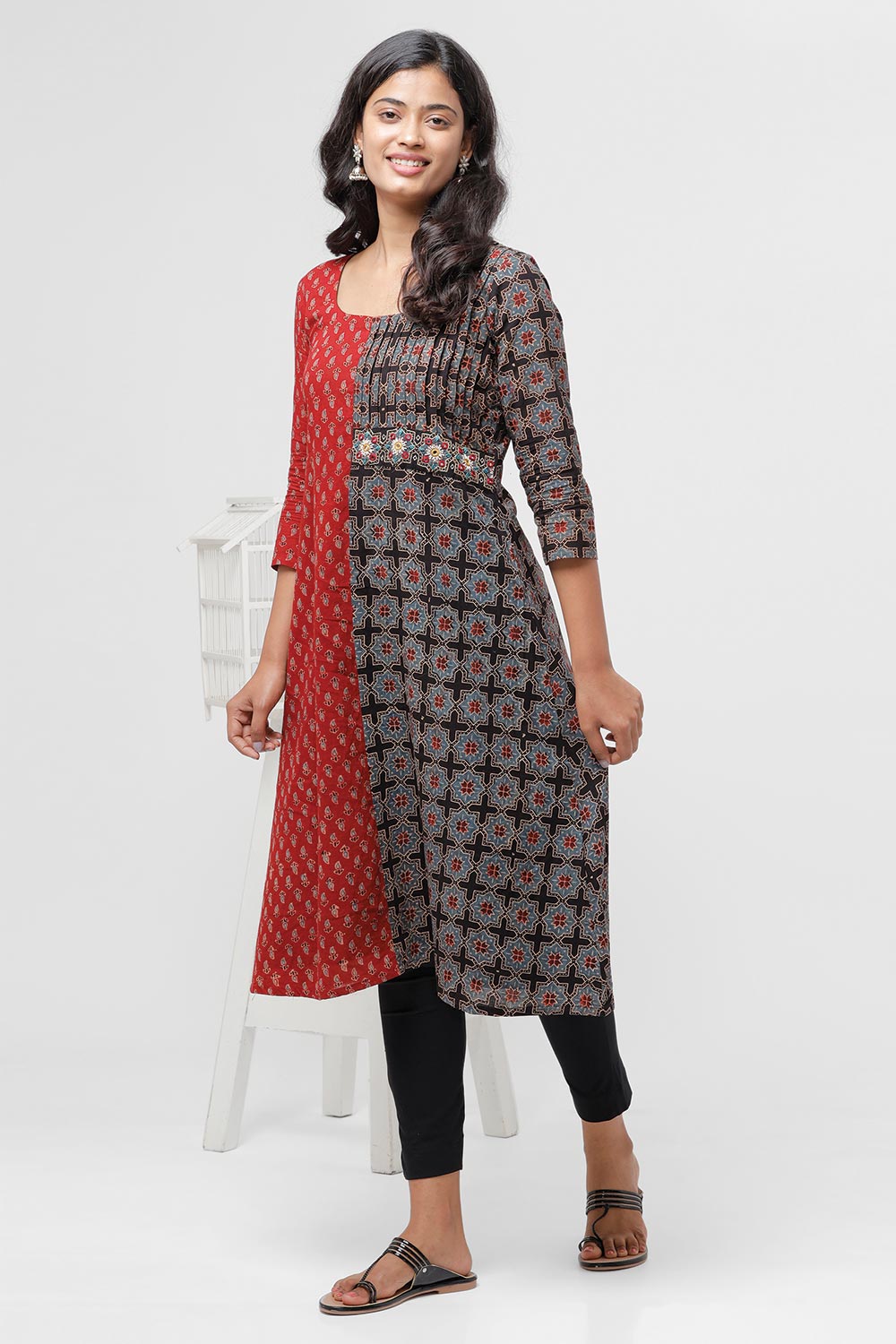 Red And Black Ajrakh Fusion A-Line Kurta