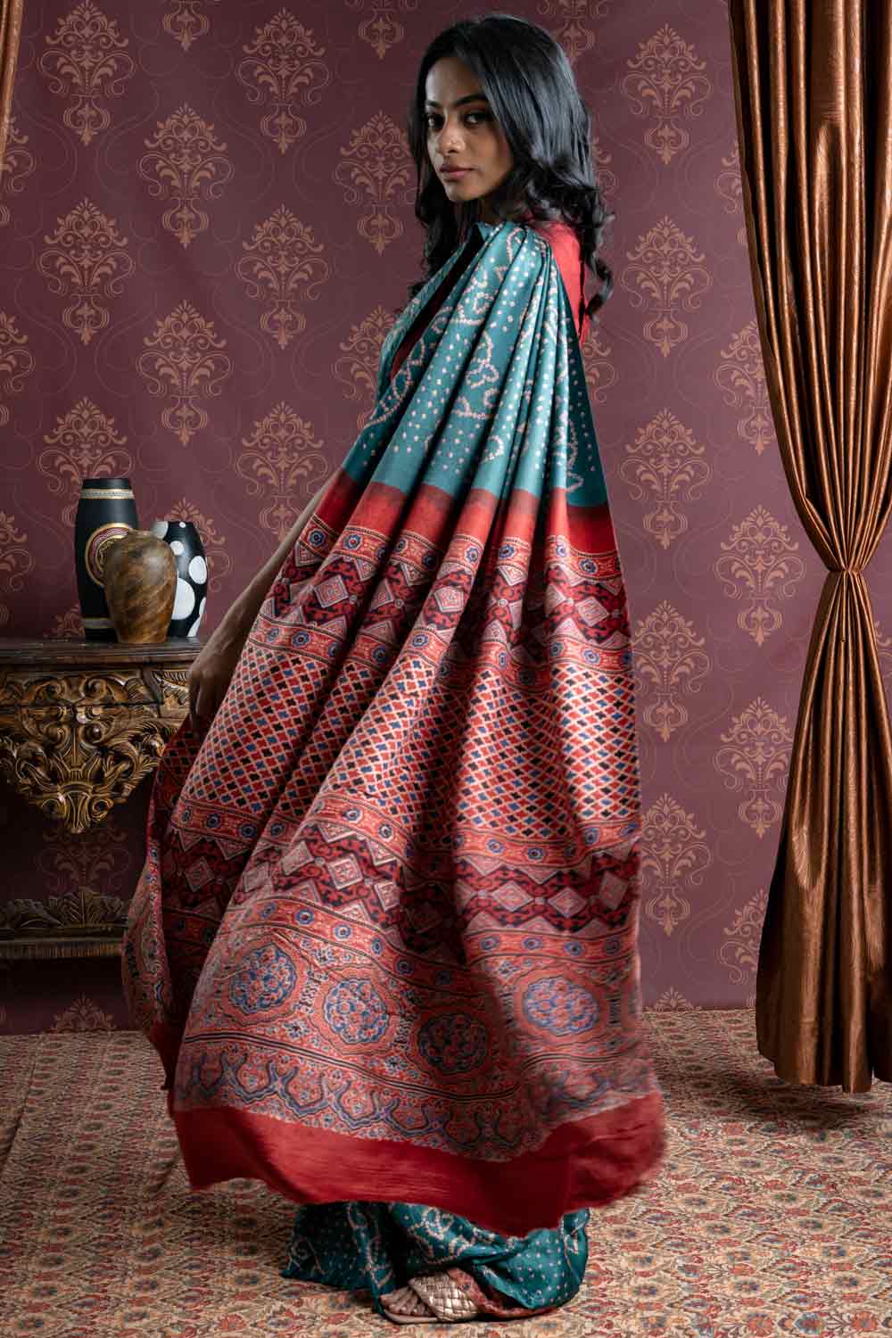 Bandhani Dark Green Gaji Silk Saree with Ajrakh Border