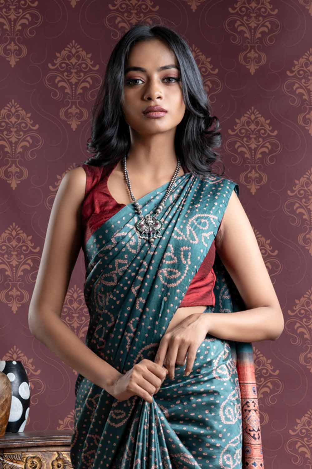 Bandhani Dark Green Gaji Silk Saree with Ajrakh Border