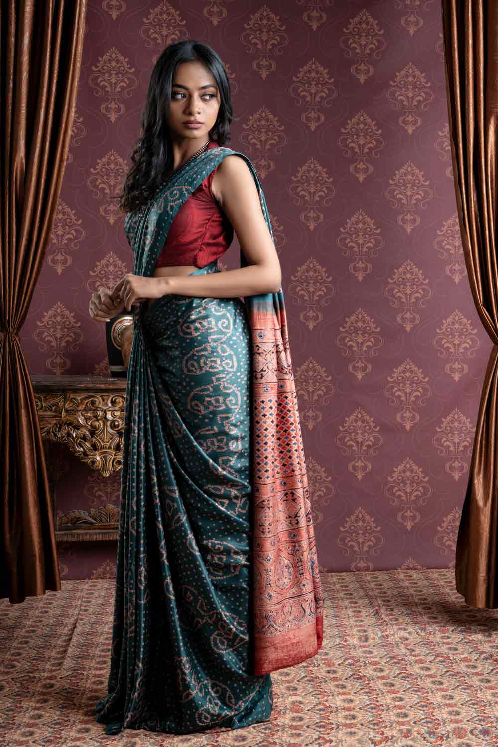 Bandhani Dark Green Gaji Silk Saree with Ajrakh Border