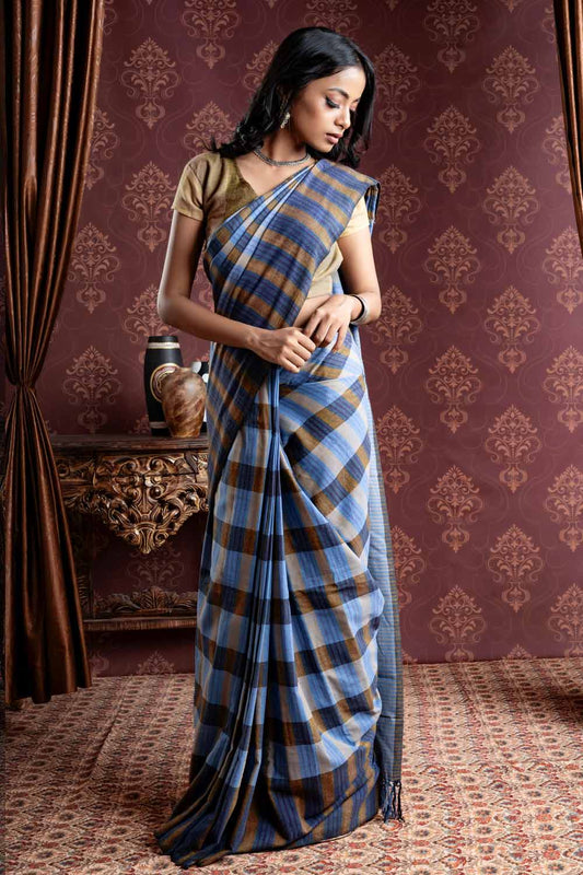 Handloom Saree with Navy Blue and Beige Checks