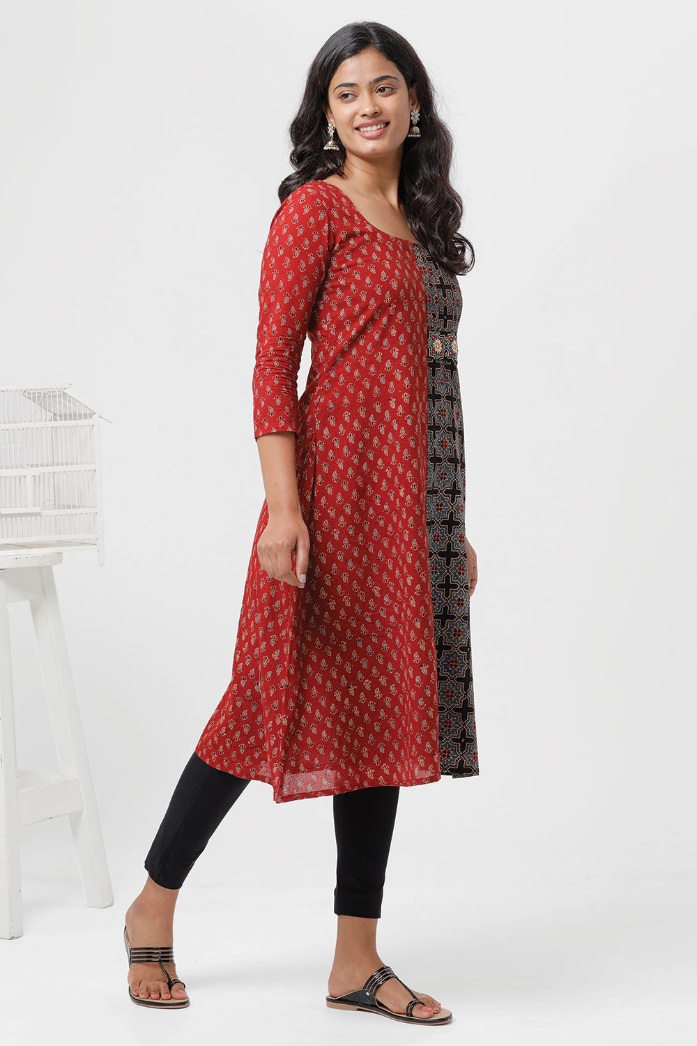 Red And Black Ajrakh Fusion A-Line Kurta