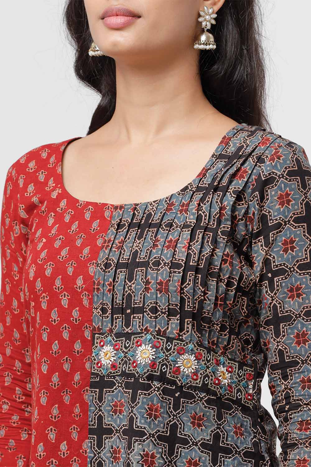 Red And Black Ajrakh Fusion A-Line Kurta