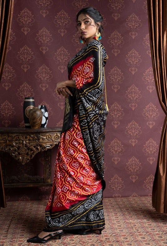 Bandhani Gaji Silk Red Body with Black Border and Pallu Saree