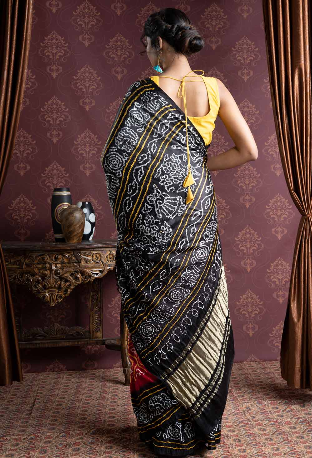 Bandhani Gaji Silk Red Body with Black Border and Pallu Saree