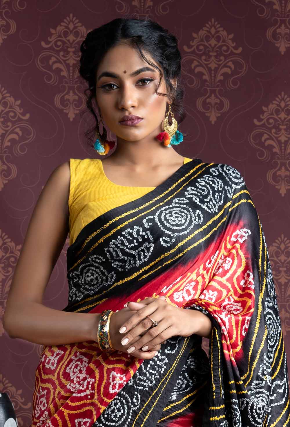 Bandhani Gaji Silk Red Body with Black Border and Pallu Saree