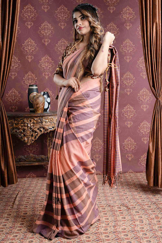 Handloom Saree with Peach Base and Broad Grey Stripes