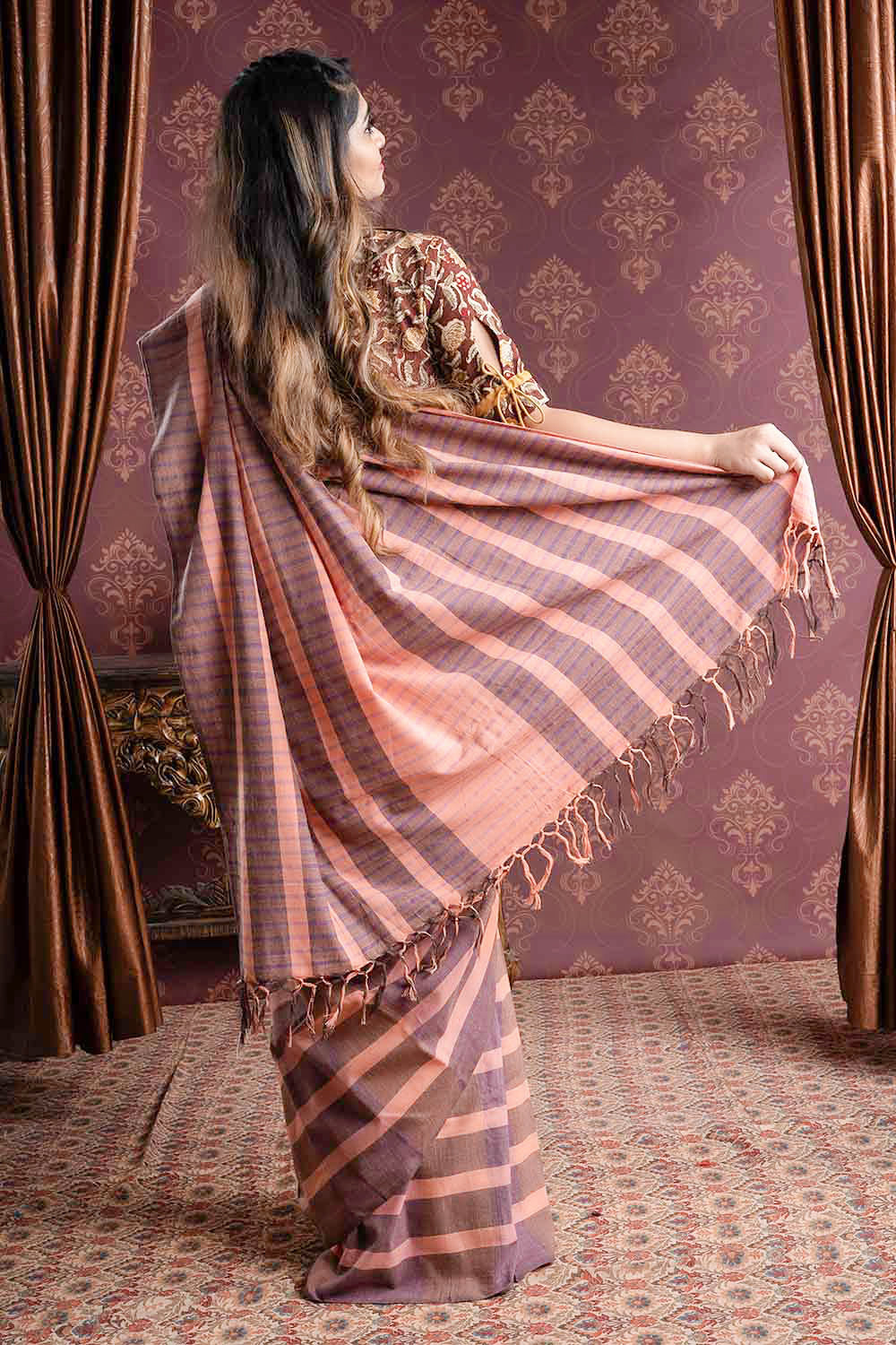 Handloom Saree with Peach Base and Broad Grey Stripes