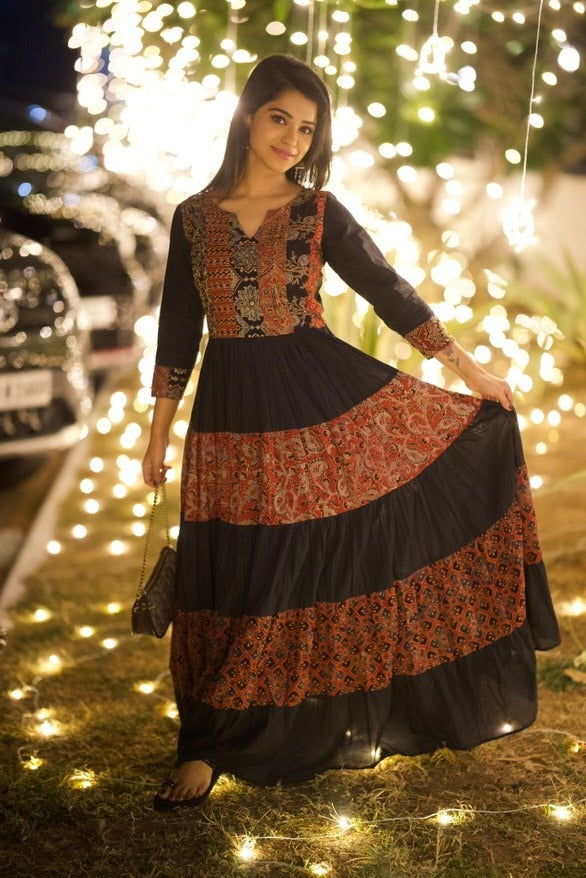 Black & Red Ajrakh Tiered Anarkali