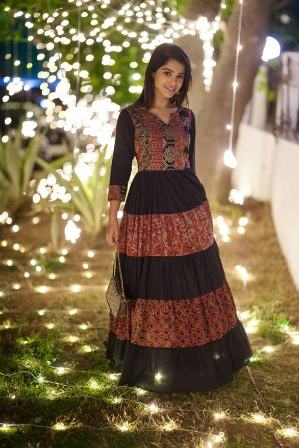 Black & Red Ajrakh Tiered Anarkali