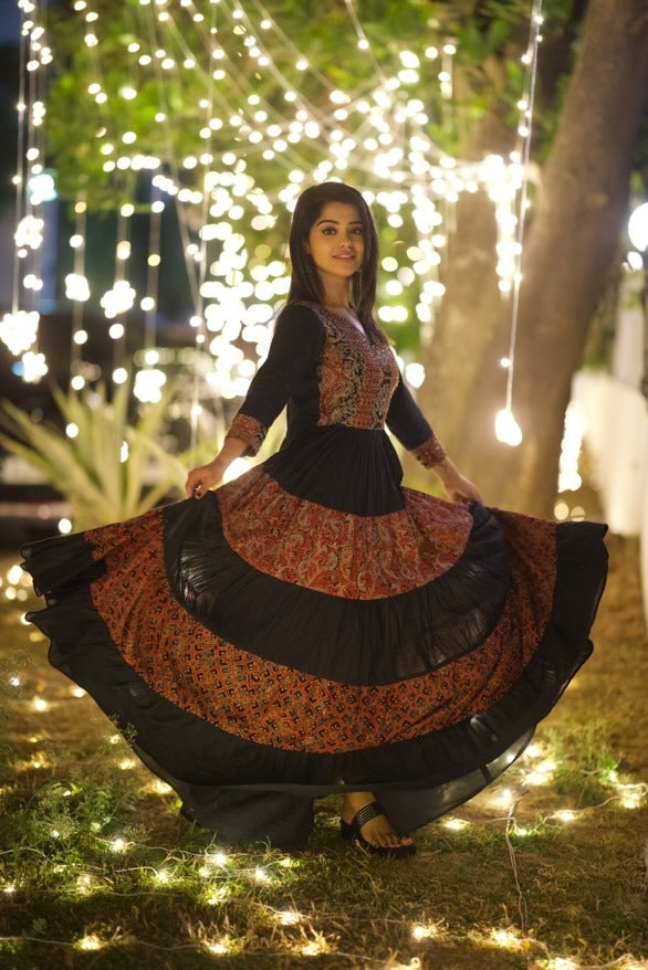 Black & Red Ajrakh Tiered Anarkali