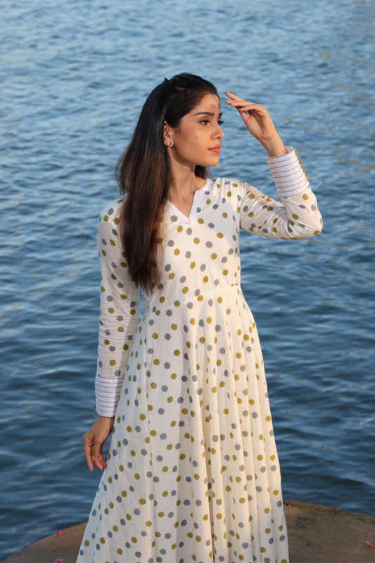 Polka Dot White Umbrella Kurti