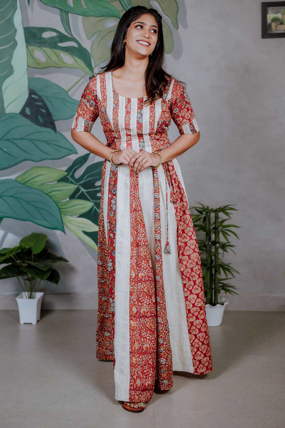 Offwhite Top & Skirt with Red Kalamkari