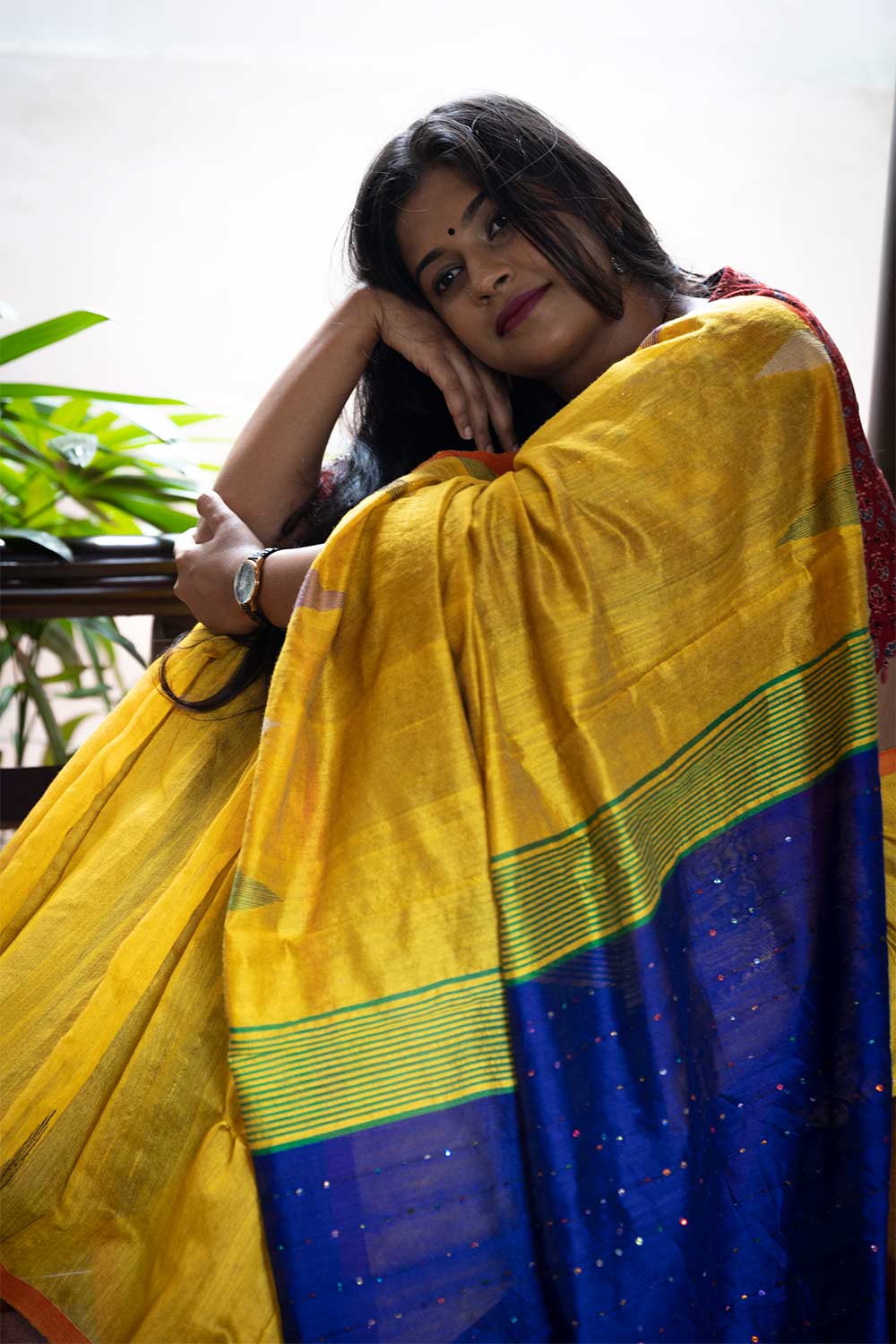 Yellow Temple Border Hand Weaved Saree