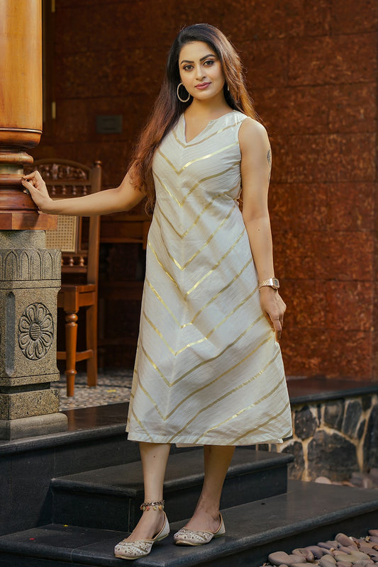 Off white Diagonal Golden Stripe Shift Dress