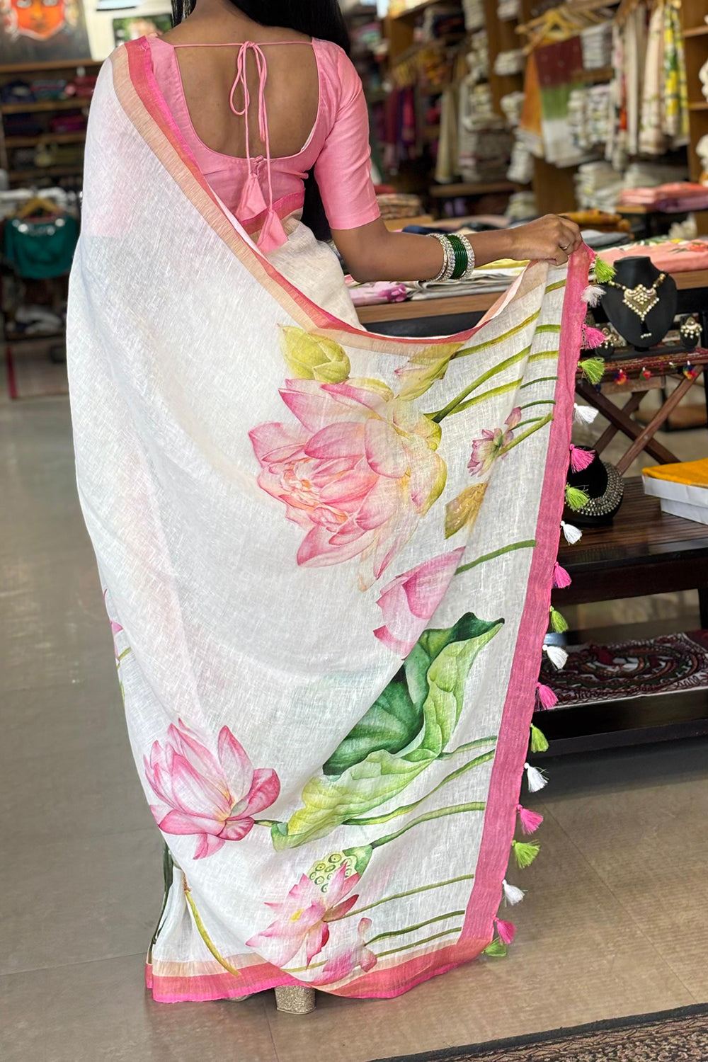 Off White Lotus Print Linen Saree