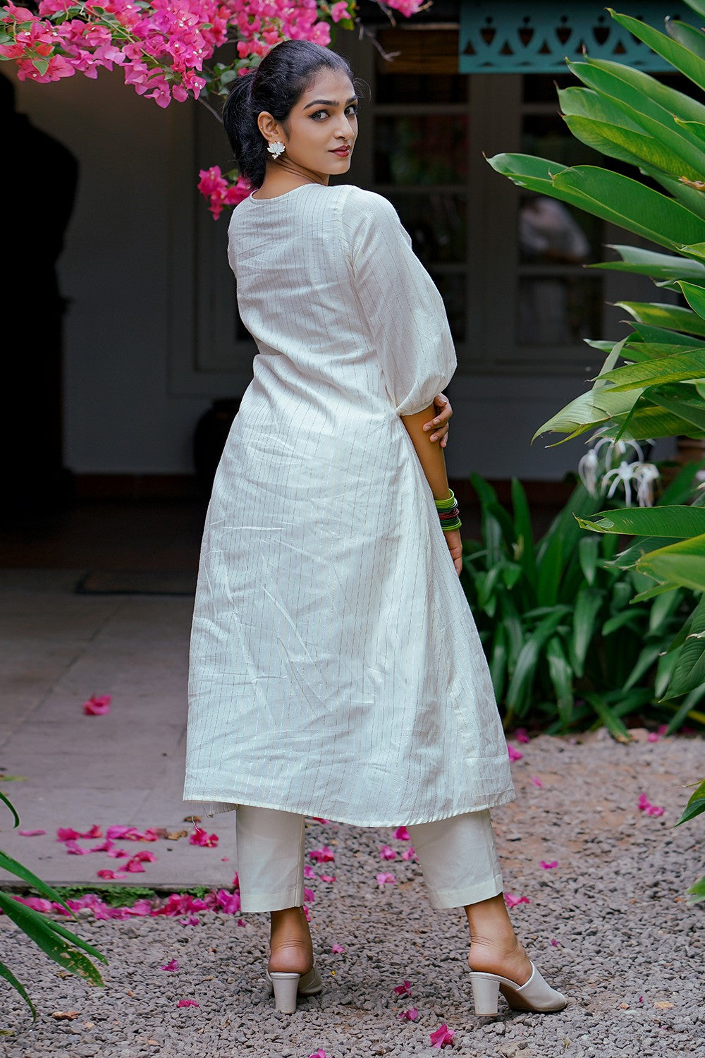 Off white A line Pleated Kurthi with Rose Embroidery Yoke