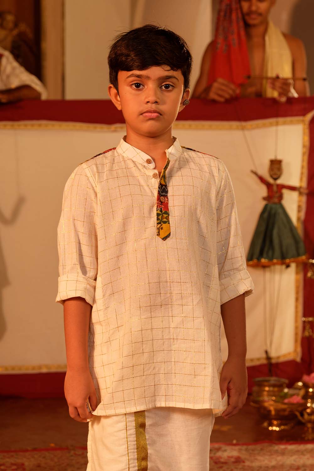 Off-white Golden Check Kurta With Ajrak Multi Patch