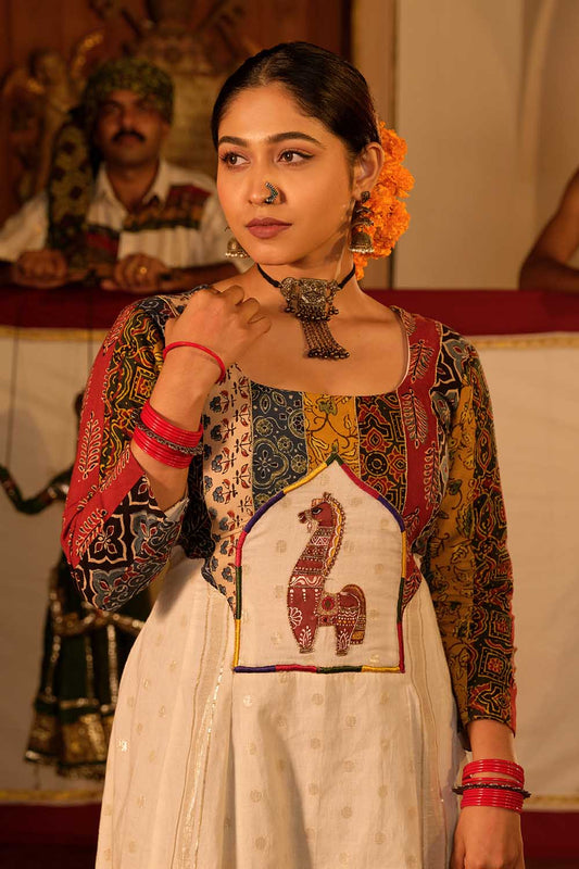 off-white & Ajrak Multipatch Panel Dress with Horse Handpainted Yoke