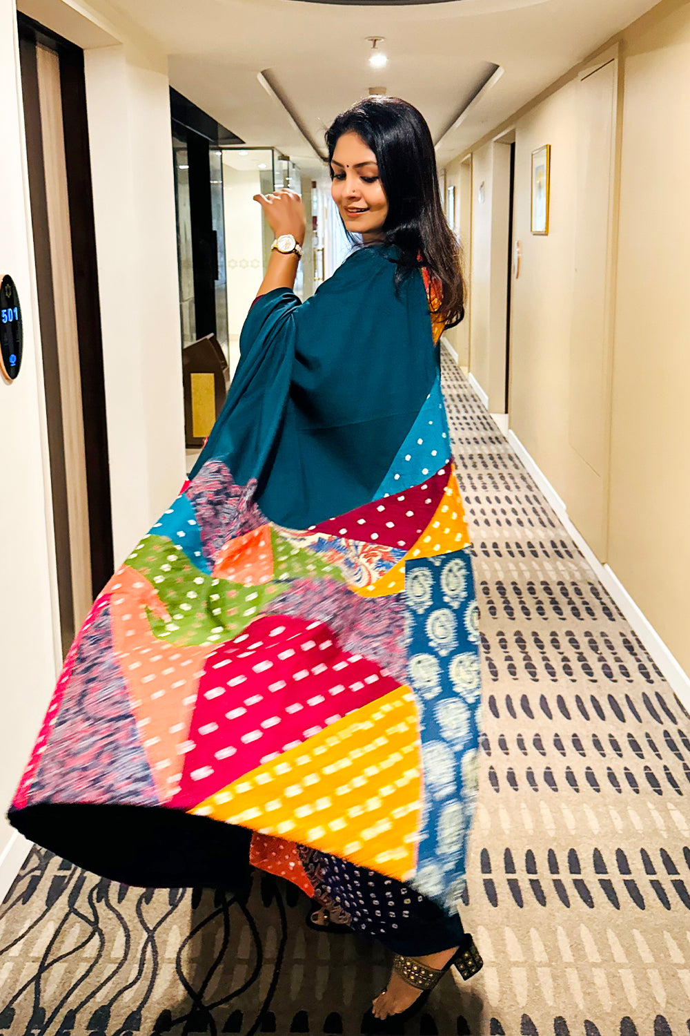 Peacock Green Mul Cotton & Bandhini Ajrakh Saree