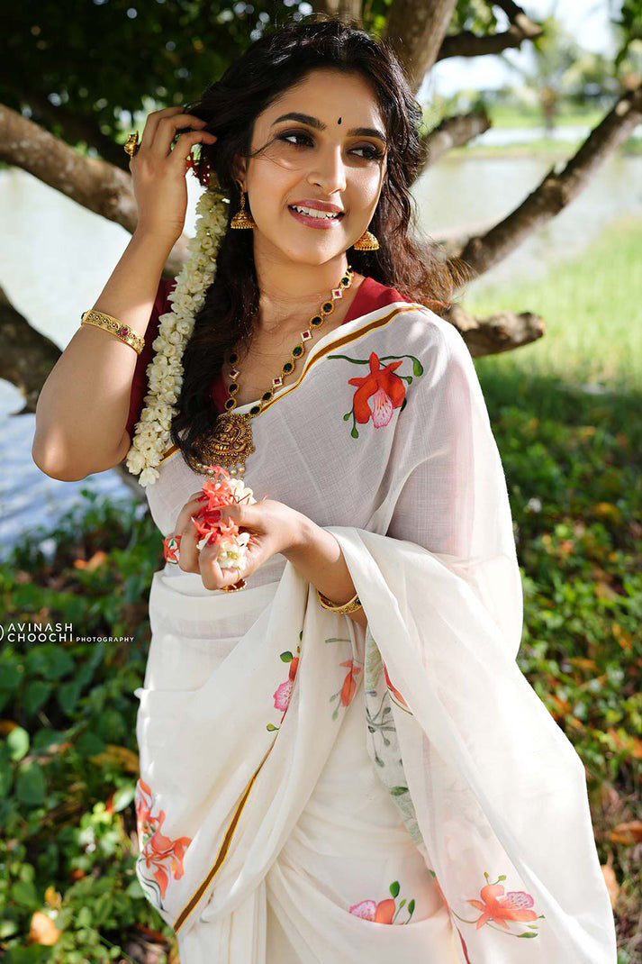 Maroon Puliyilakara Saree with Handpainted Gulmohar Flowers