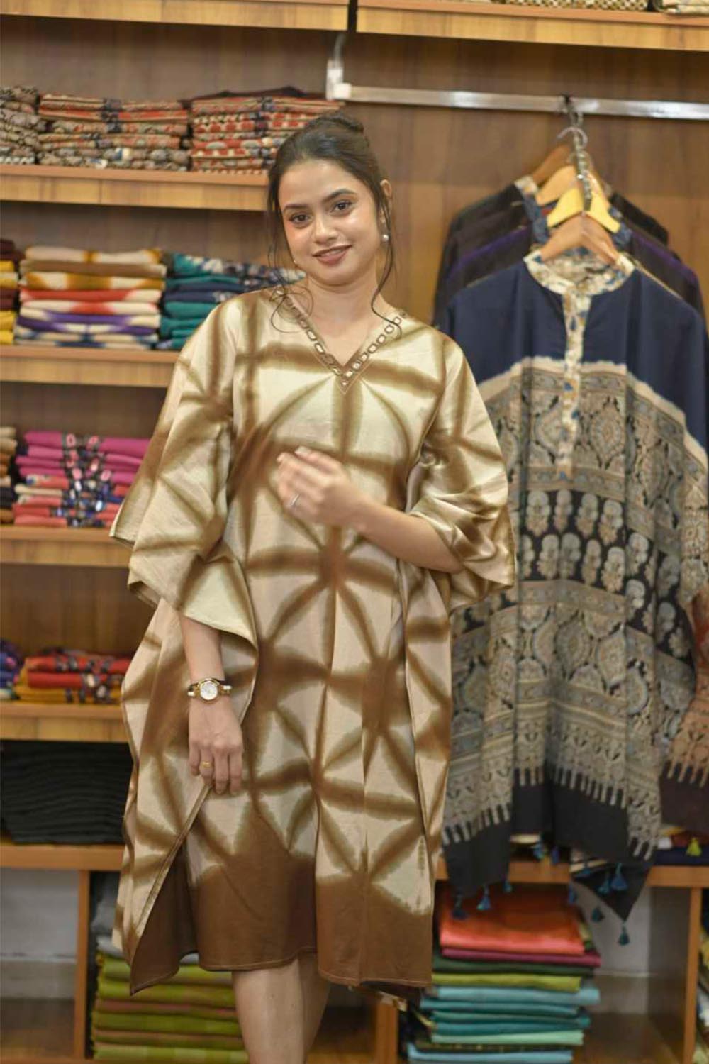 Beige Kaftan Brown Twingle& Mirror Work Neck