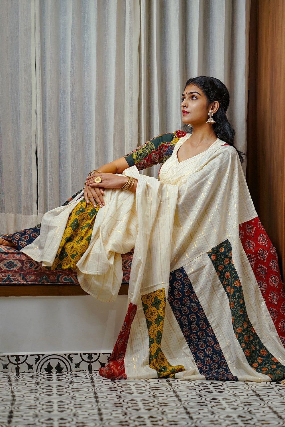 Off White Ajrakh Multi Colour Pleated Saree