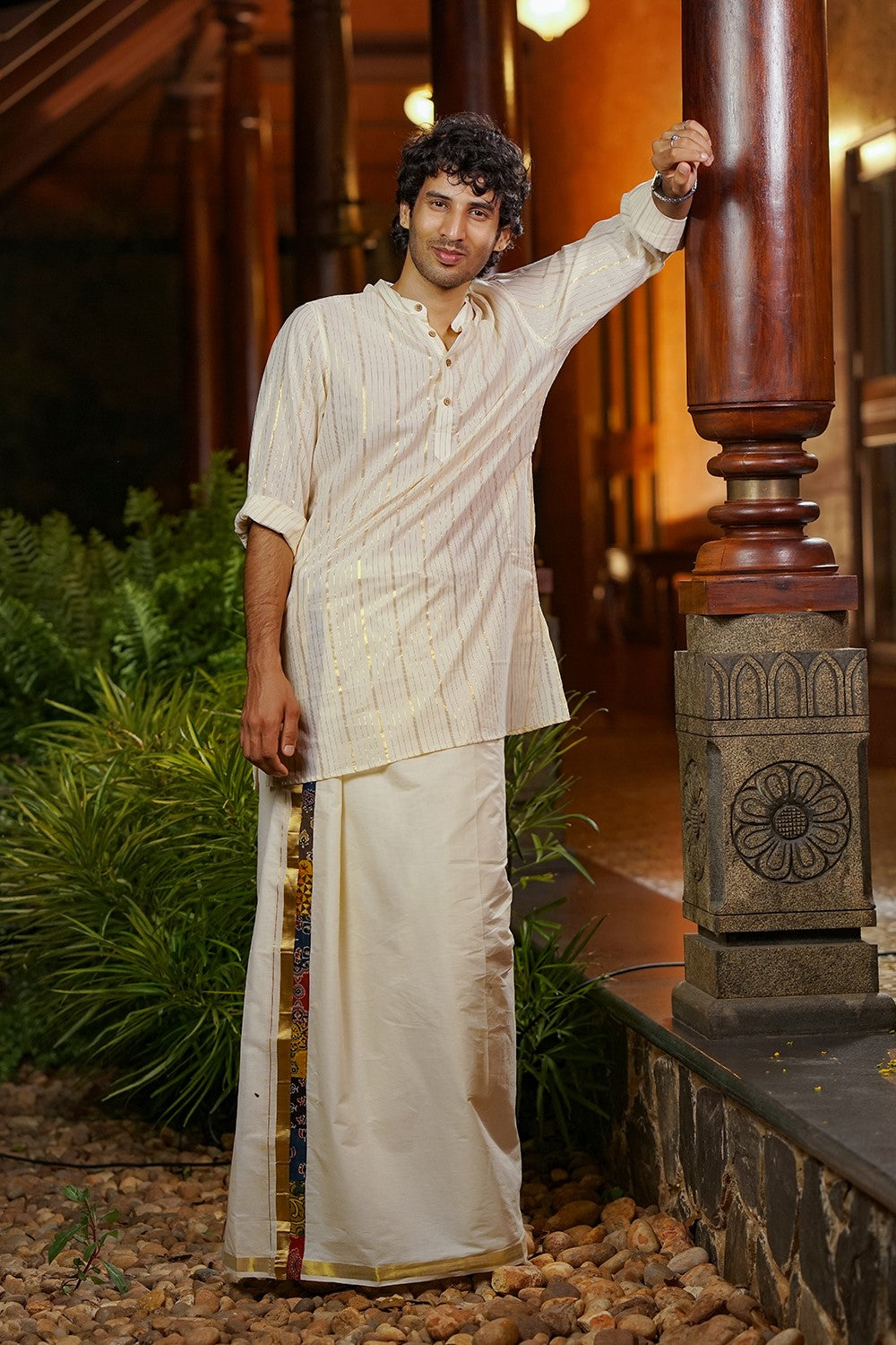 Off White Chinese Collar Full Sleeve Long Kurtha