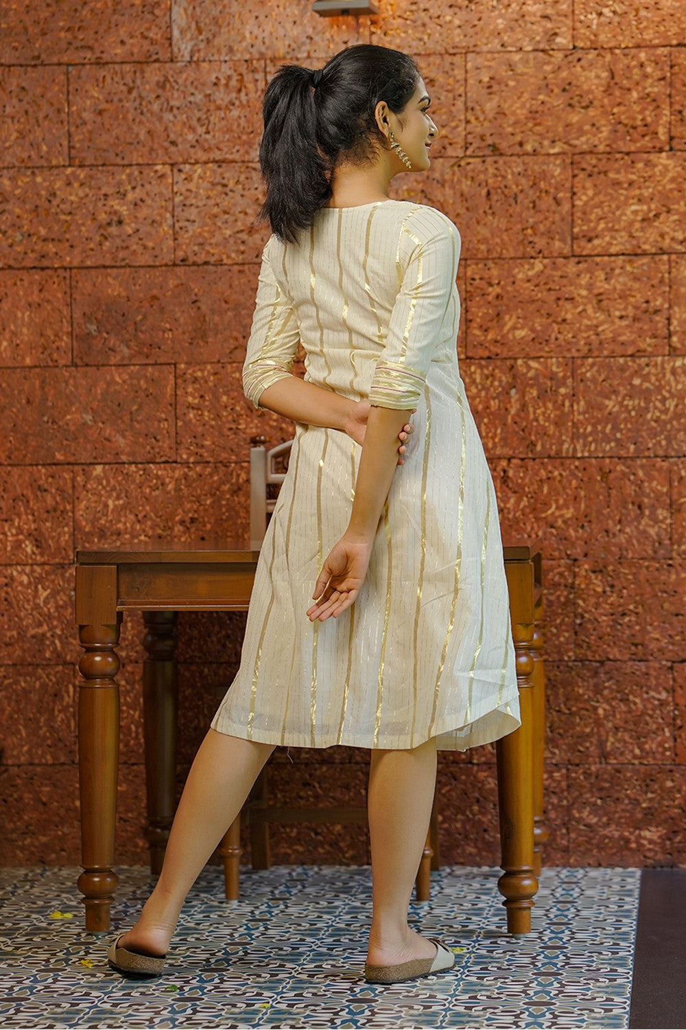 Off white Golden Striped A line Kurthi