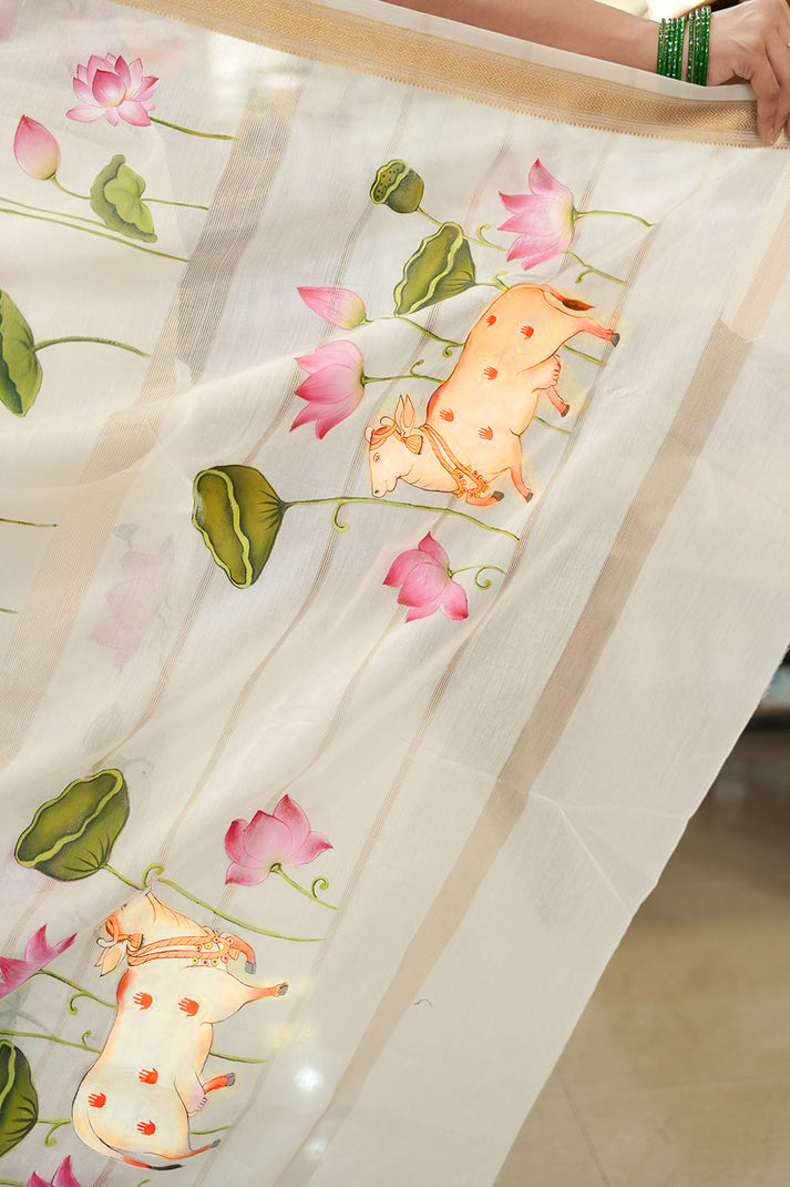 Lotus Hand Painted Maheswari Silk Saree