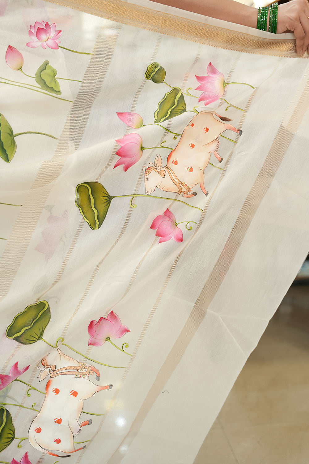 Lotus Hand Painted Maheswari Silk Saree