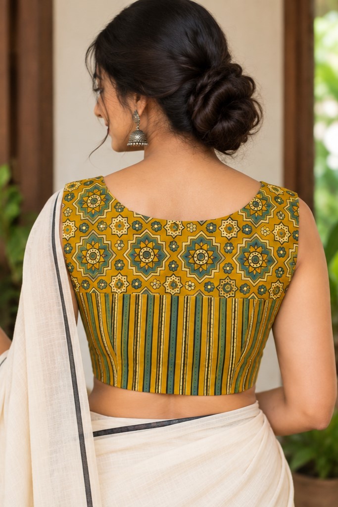 Yellow with Geometrical Floral & Stripe Print Blouse