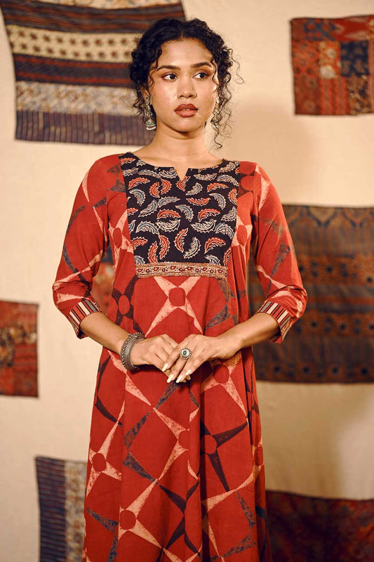 Red A line Kurti with Feather Yoke