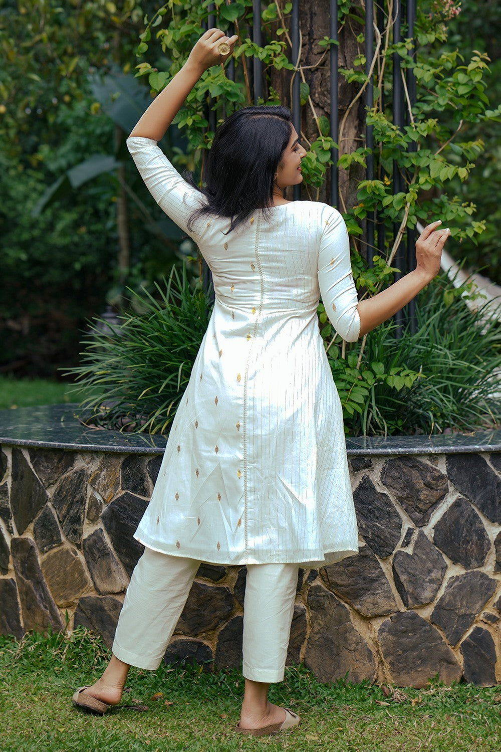Off White Half Striped & Half Dotted Aline Kurthi