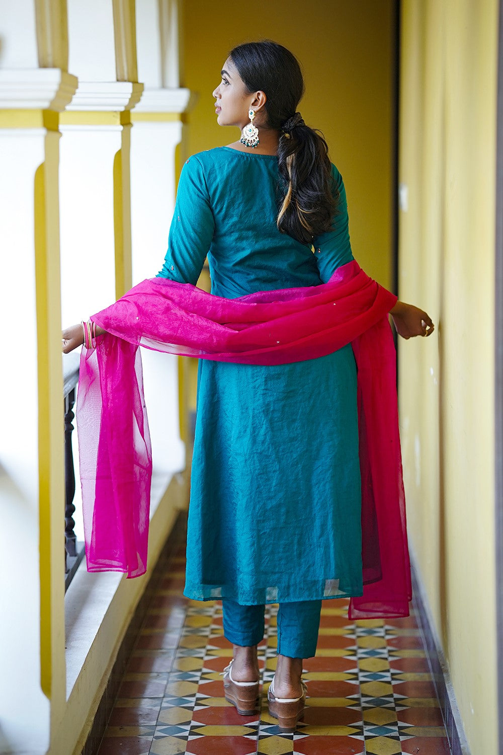 Teal Blue Chanderi Handwork A Line Kurthi