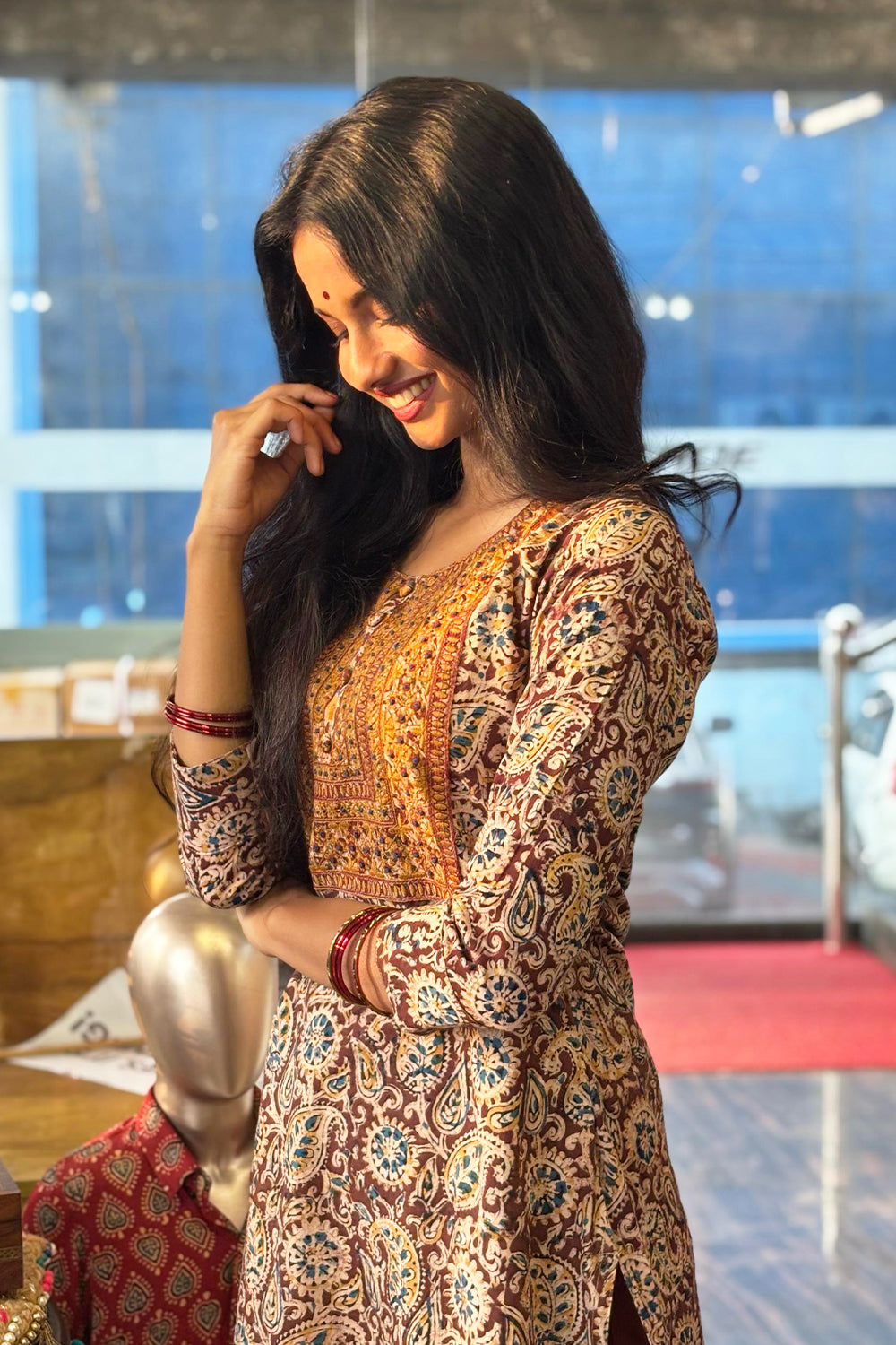 Brown Kalamkari Slitted Kurthi