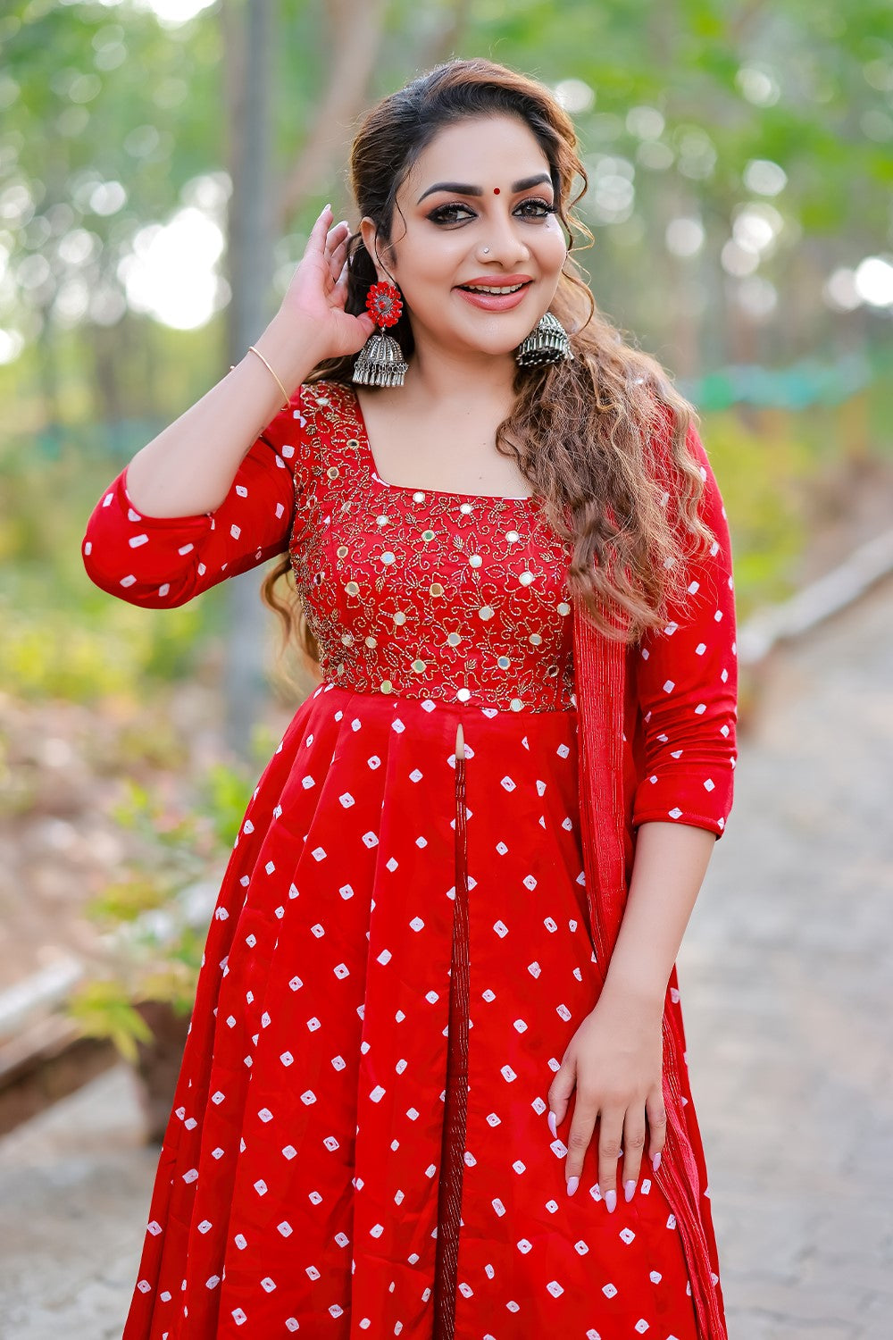 Red Modal Bandini Center Slitted Anarakali Set