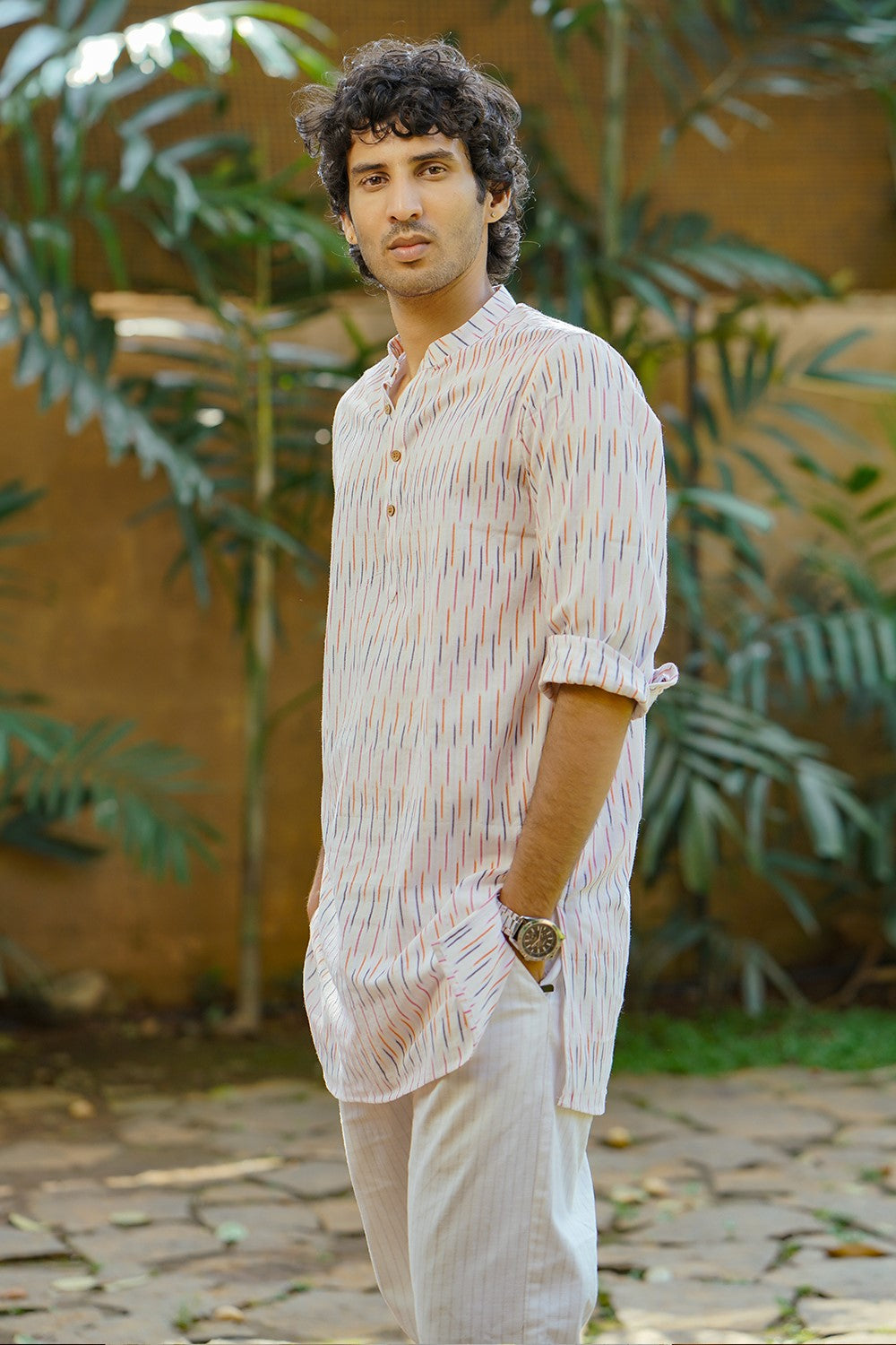 Off White Ikath Full Sleeve Long Kurtha