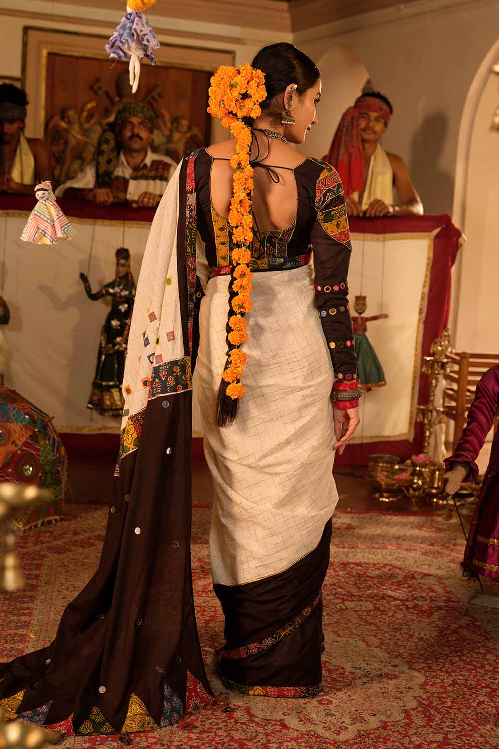 Golden Check Zari Saree With Black & Ajrak Multi Patch