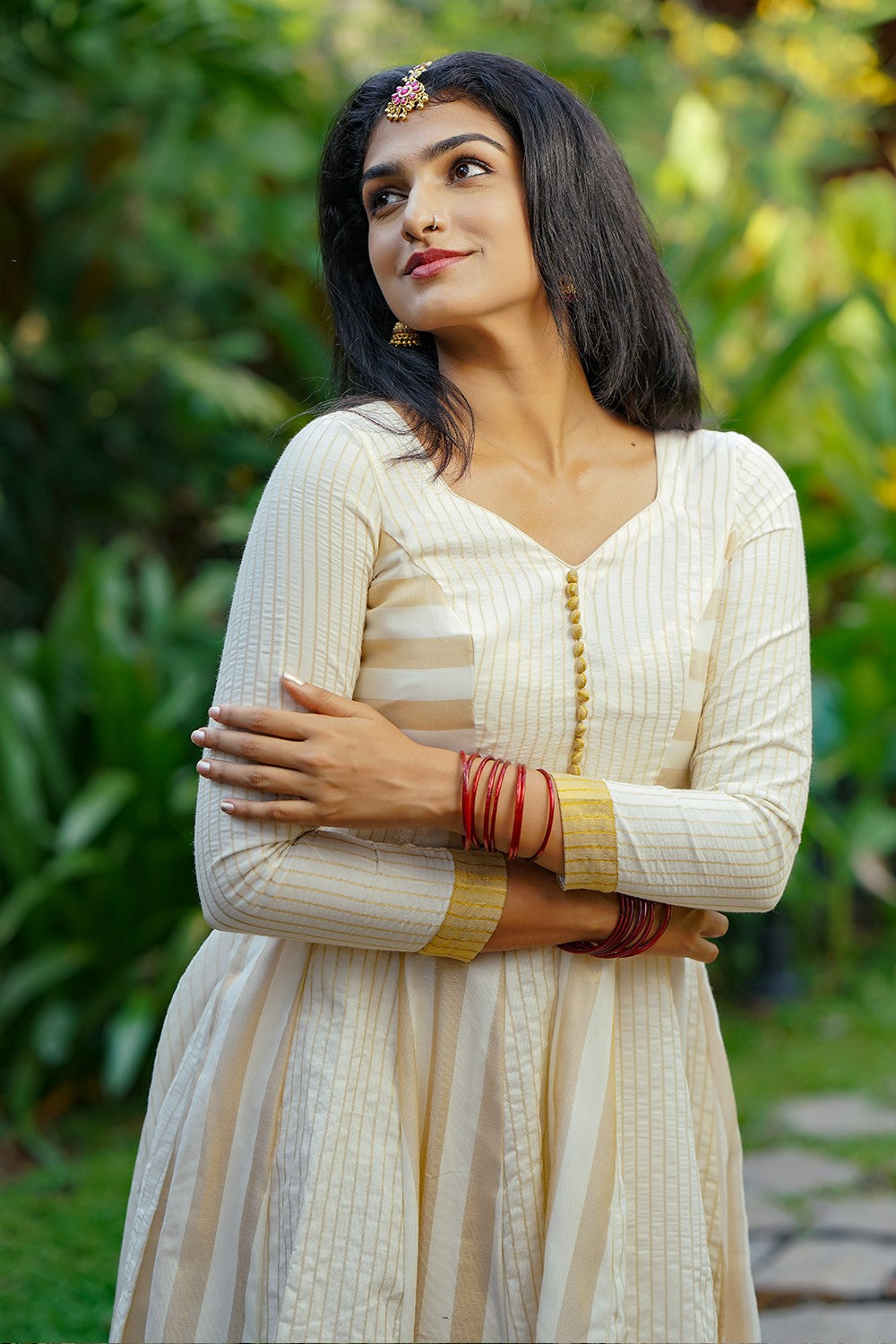 Off White Kasavu Golden Stripe Lurex Anarkali