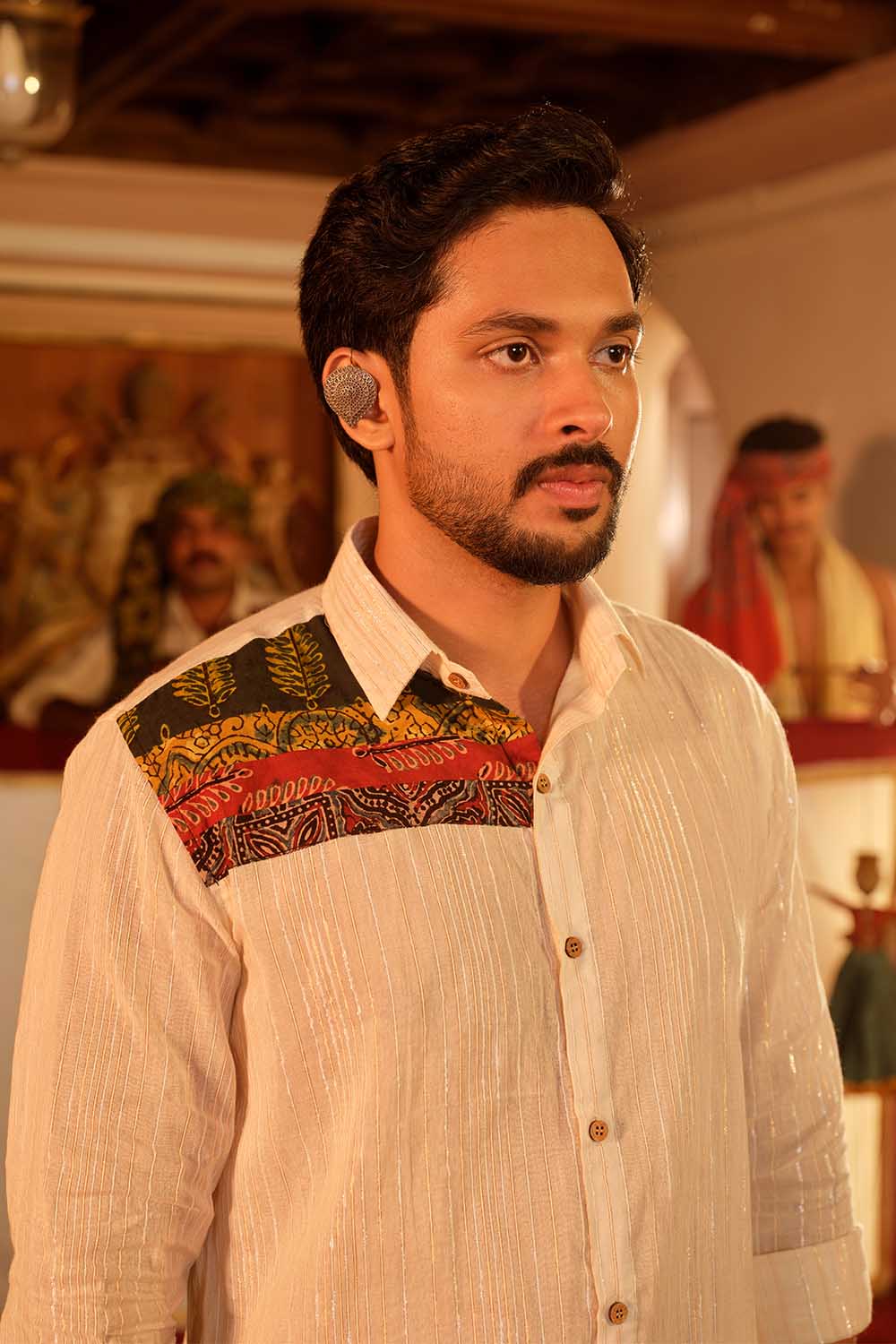 Golden & Silver Full Sleeve Off-White Shirt With Ajrakh Patch